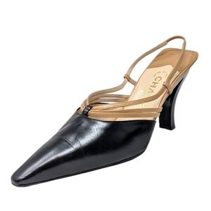 Vintage Chanel Slingback Rare Fall 2000 Pointed Toe Beige Black Strappy 39 | 8.5